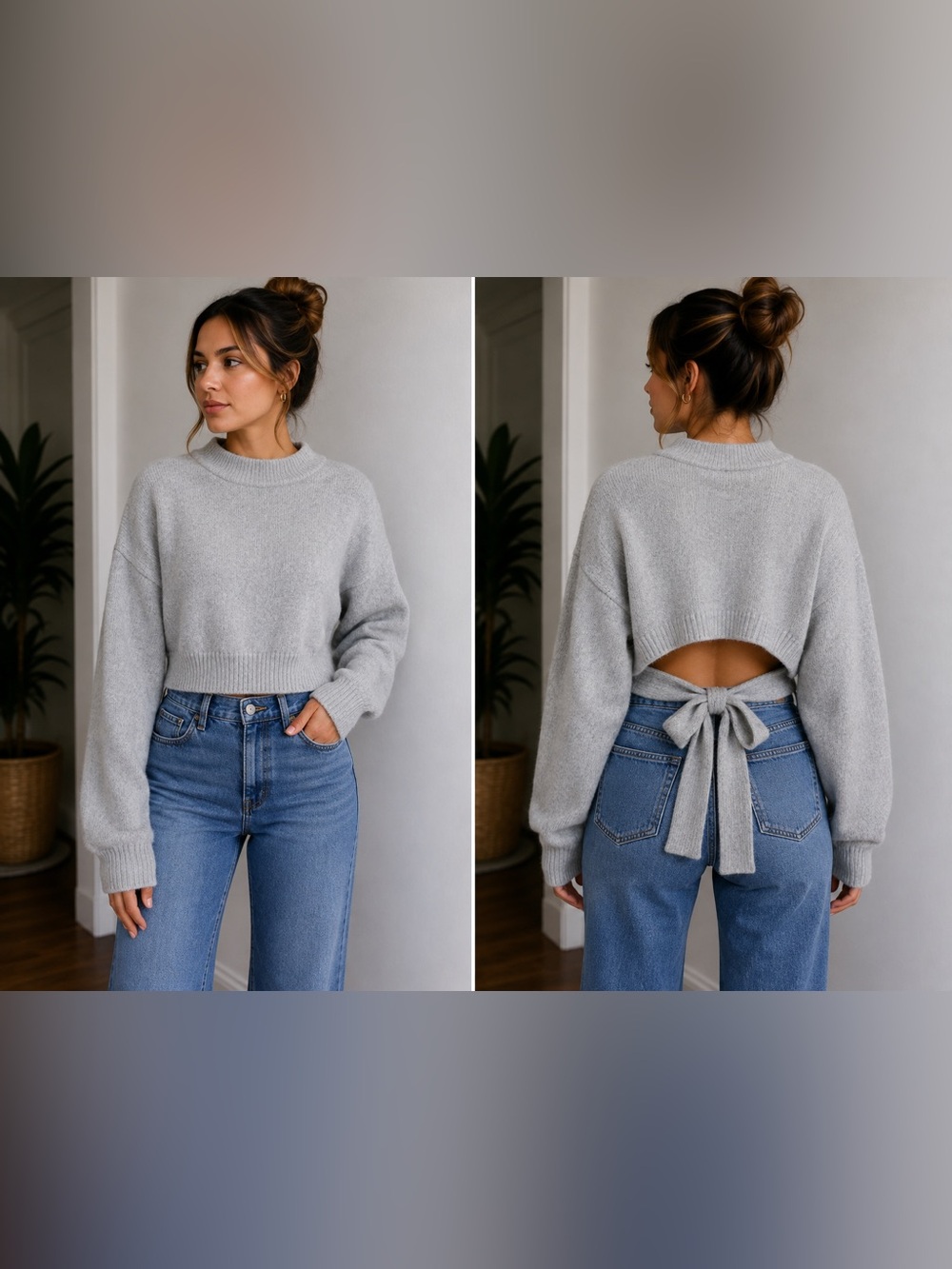 H&M Divided Grey Open Back Tie Crop Sweater Size S